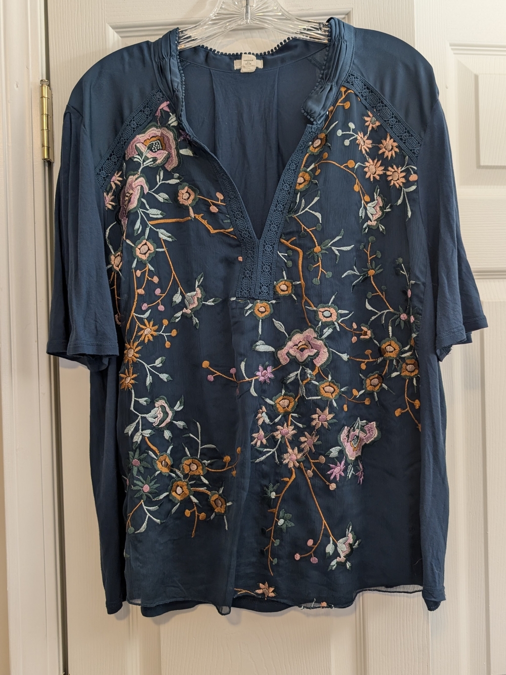 Anthropologie Tiny Navy Embroidered Floral Split-Neck Blouse